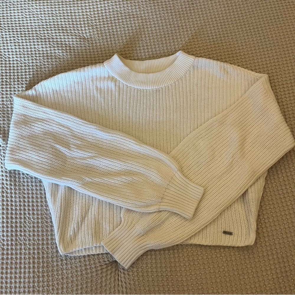 White Knit 100% Cotton Balloon Sleeve Cropped Boxy Sweater